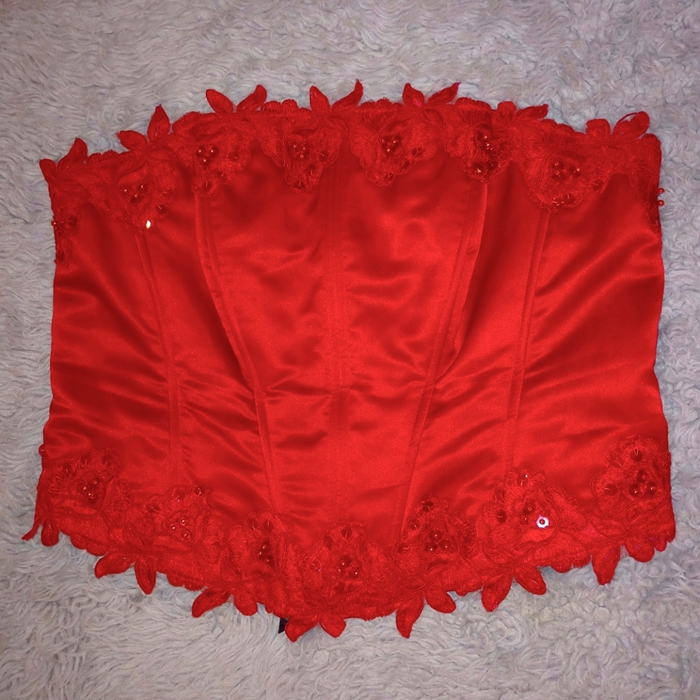 NOX USA Vintage Elegant Red Lace Beaded Bustier Corset Lace Up Top Size 2XL Y2K